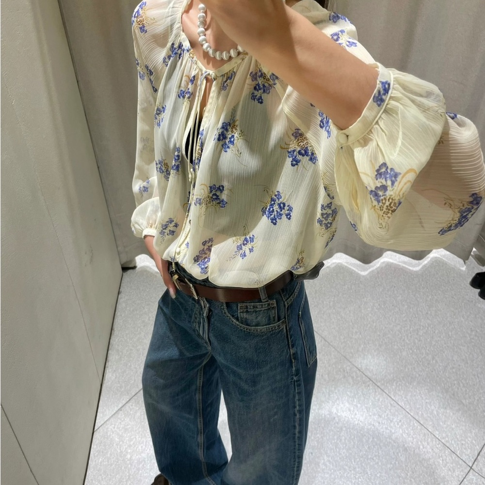 Semi-Sheer Floral Print Blouse 🌼🪻